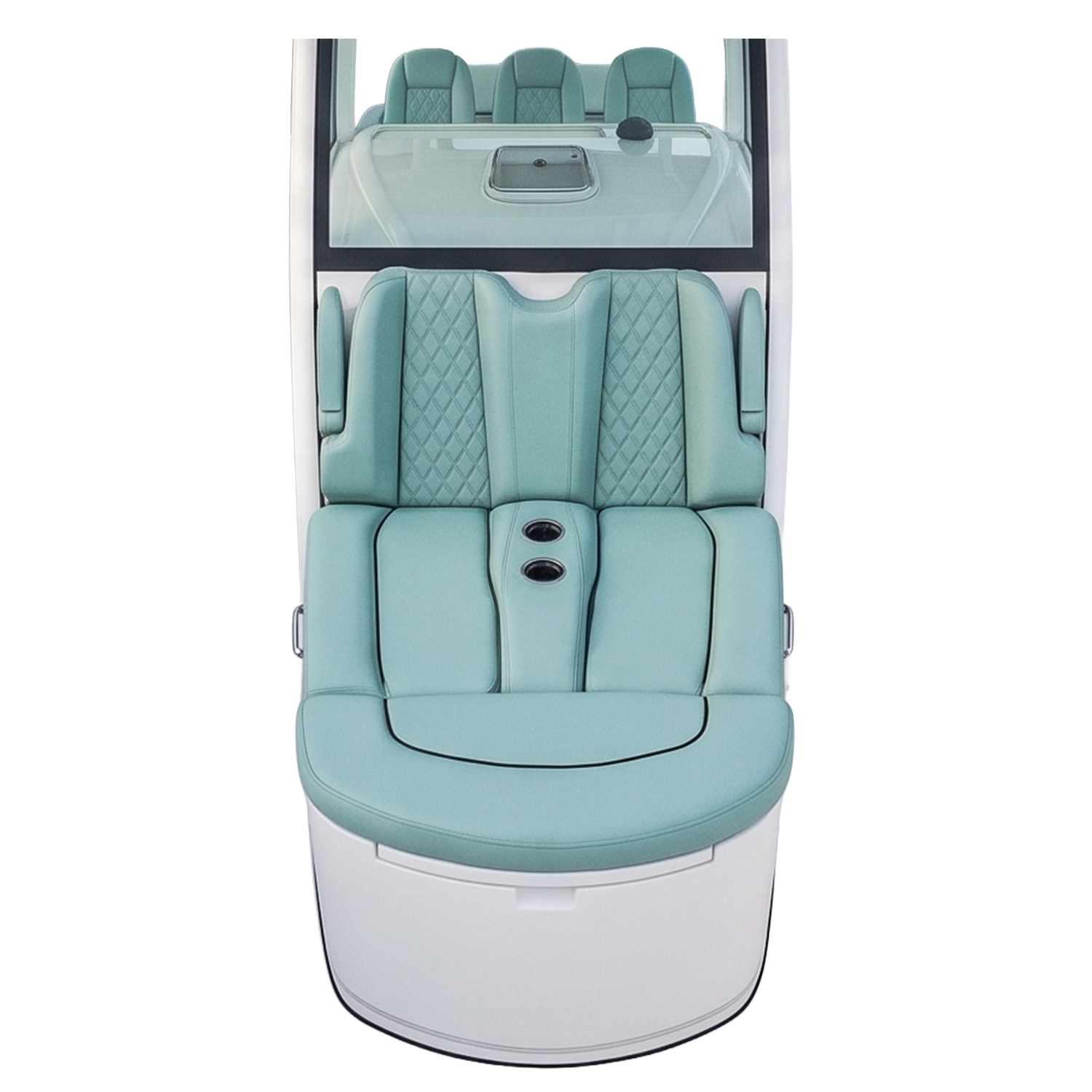 Top view of a modern car interior featuring teal-colored seats with diamond stitching pattern and built-in cup holders.