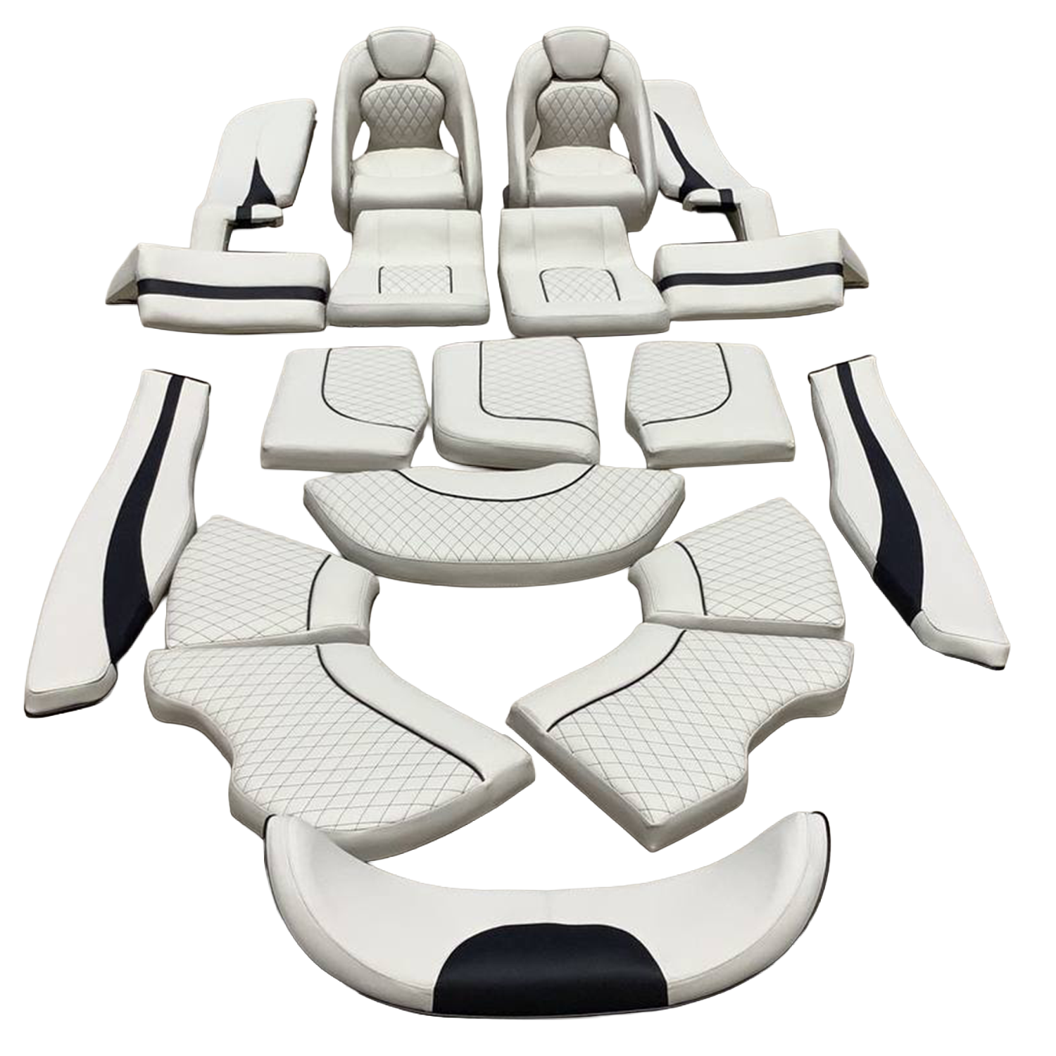 A white and black modular sofa with multiple sections, including two armchairs with high backs, two chaise lounges, and several ottomans arranged in a semi-circle, featuring black accents and quilted patterns on the upholstery.
