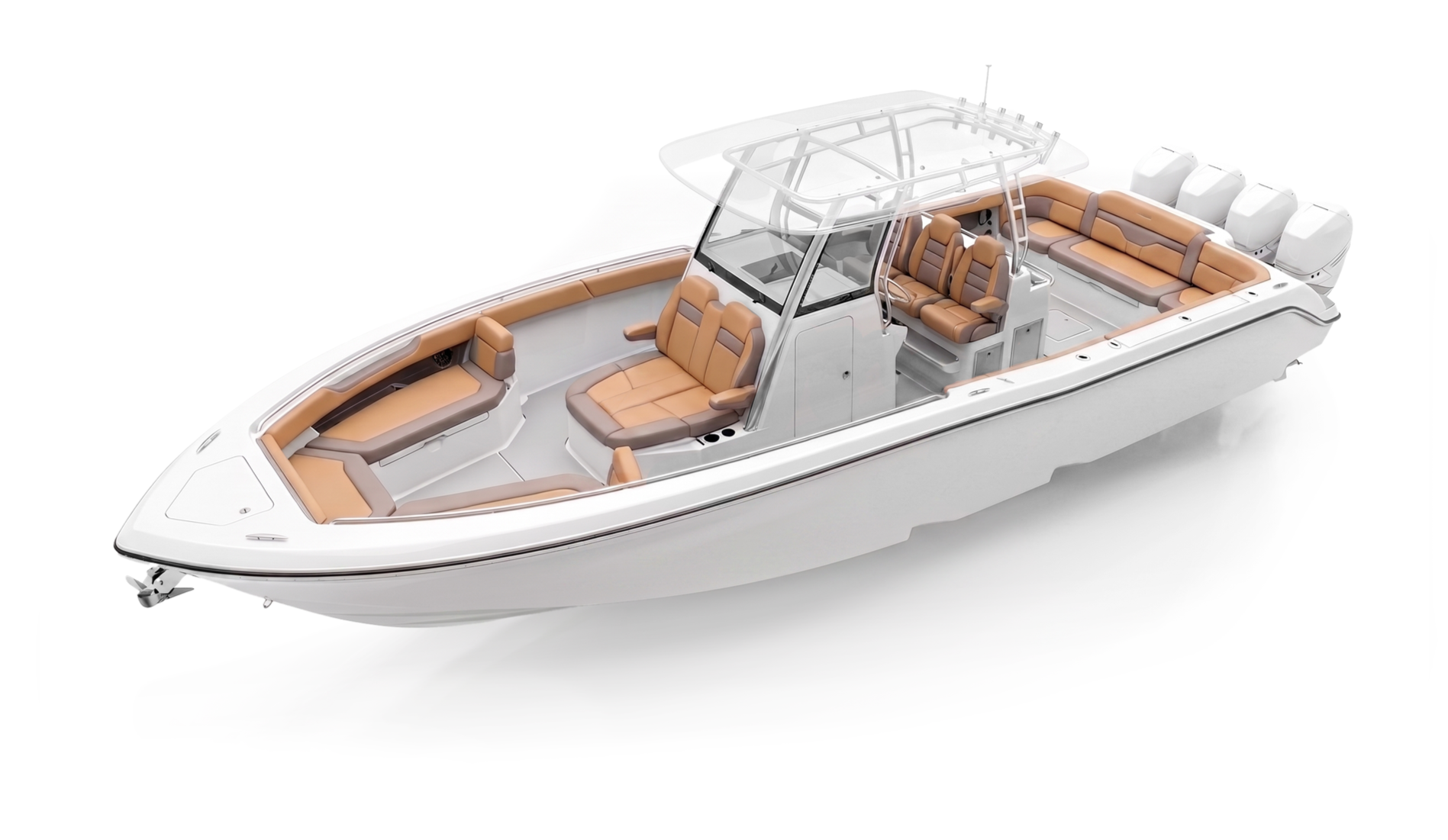 A white motorboat with beige and gray cushioned seating and a transparent canopy, set against a white background.