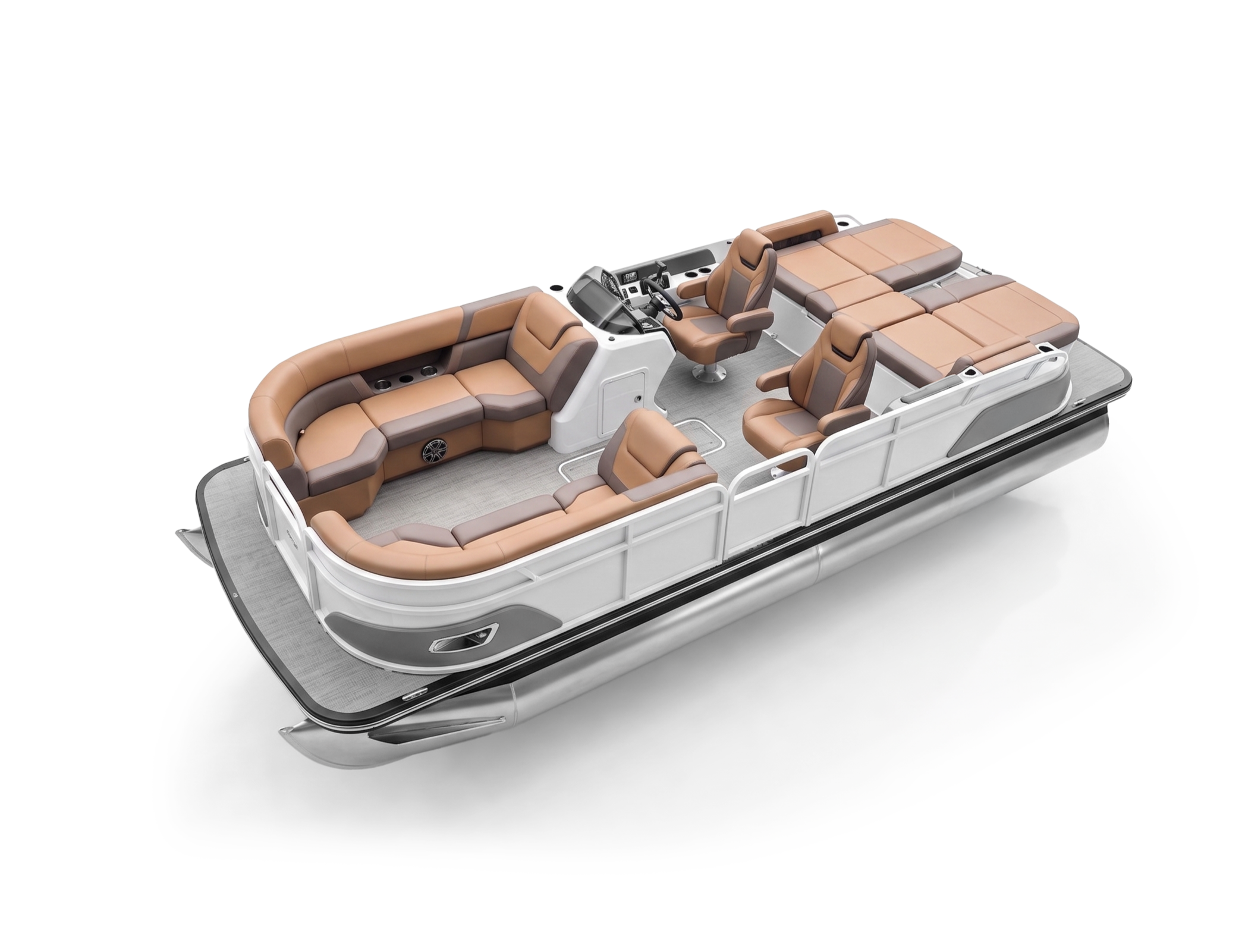 A detailed view of a modern pontoon boat interior with beige and brown cushioned seating, captain's chair, and control console.