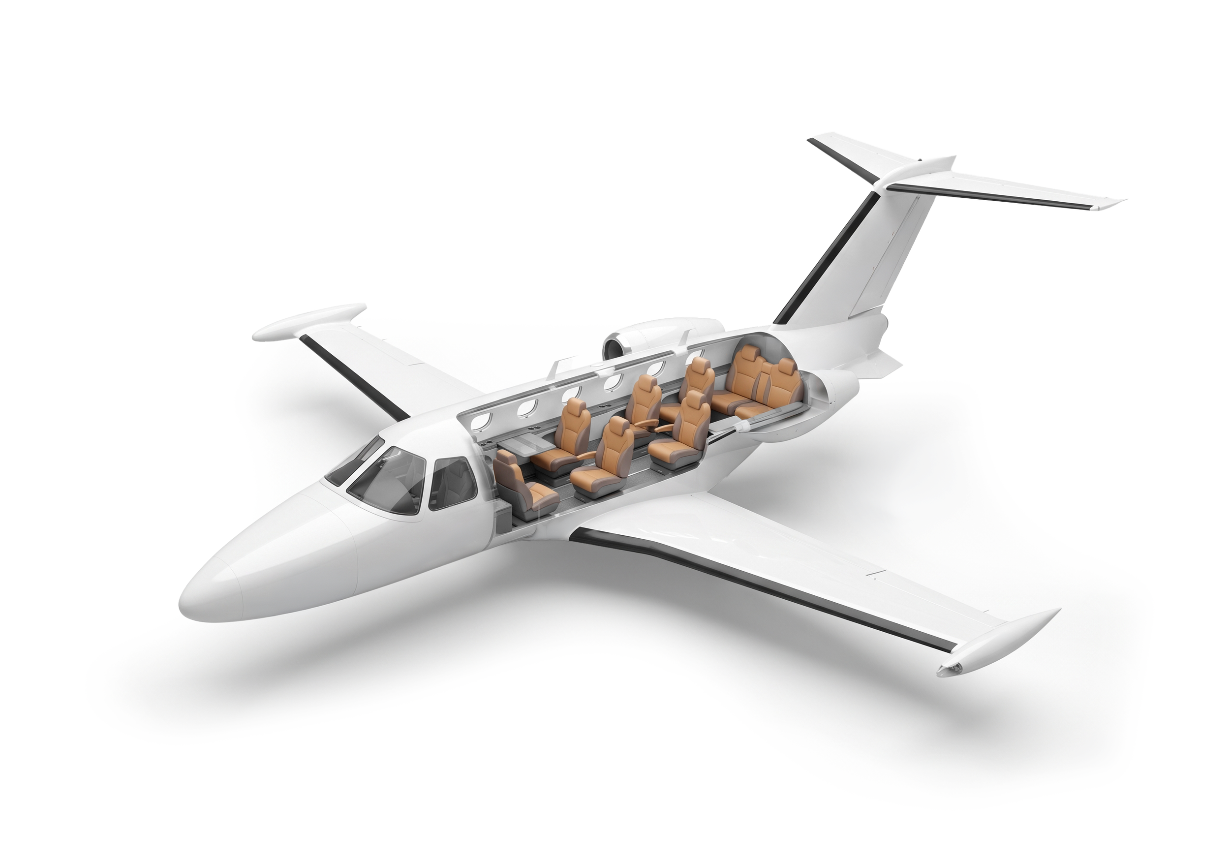 A futuristic autonomous flying vehicle with a sleek white design and multiple seating for passengers, featuring a cutaway view of the interior showing leather seats.