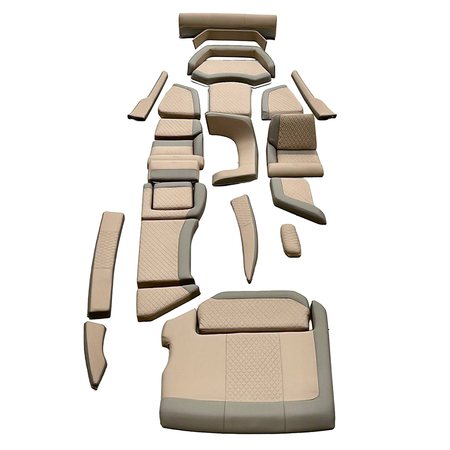 A collection of beige and brown vehicle seats, arranged and separated to display various types, including headrests, armrests, and cushion designs.