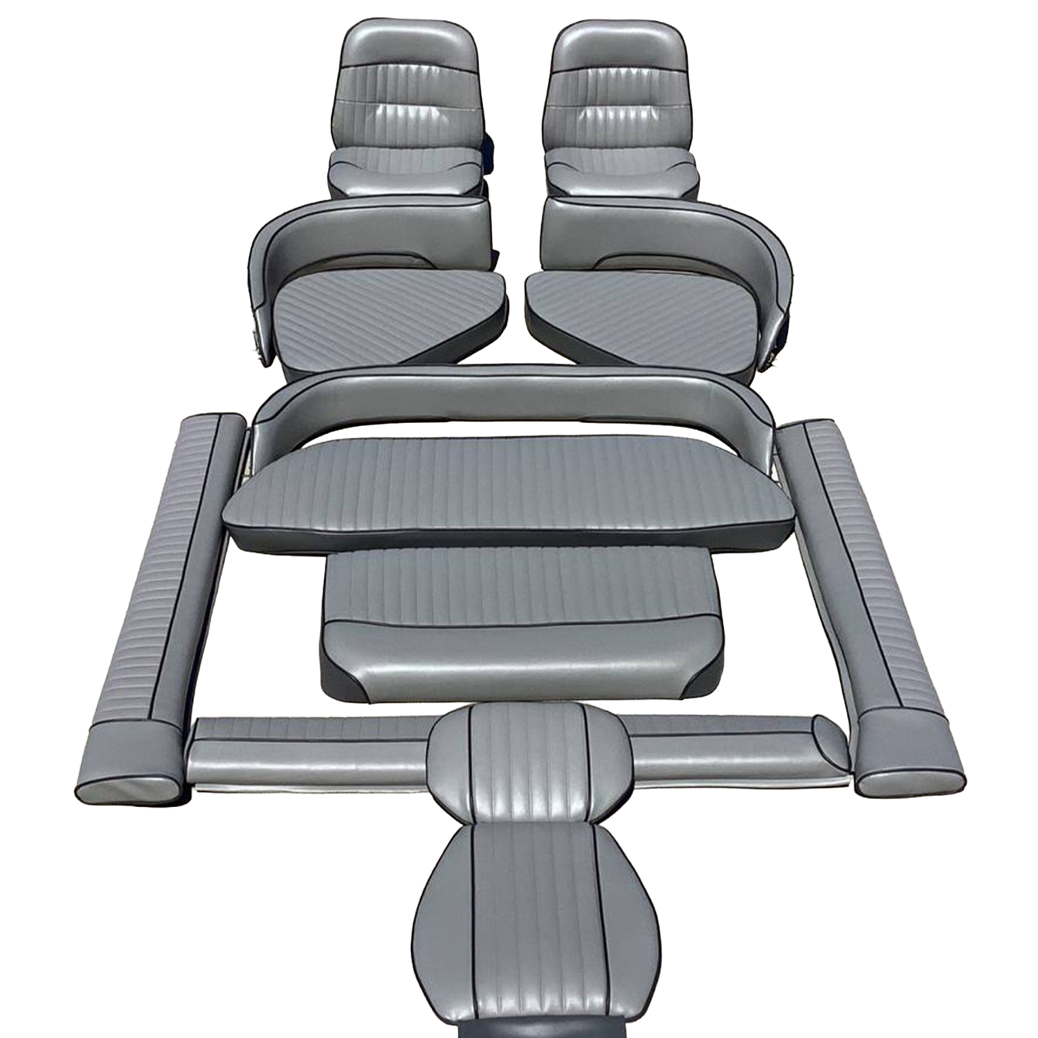 A set of gray leather seats arranged in a seating area, including two front seats, two middle seats, and three rear seats, with armrests and headrests.
