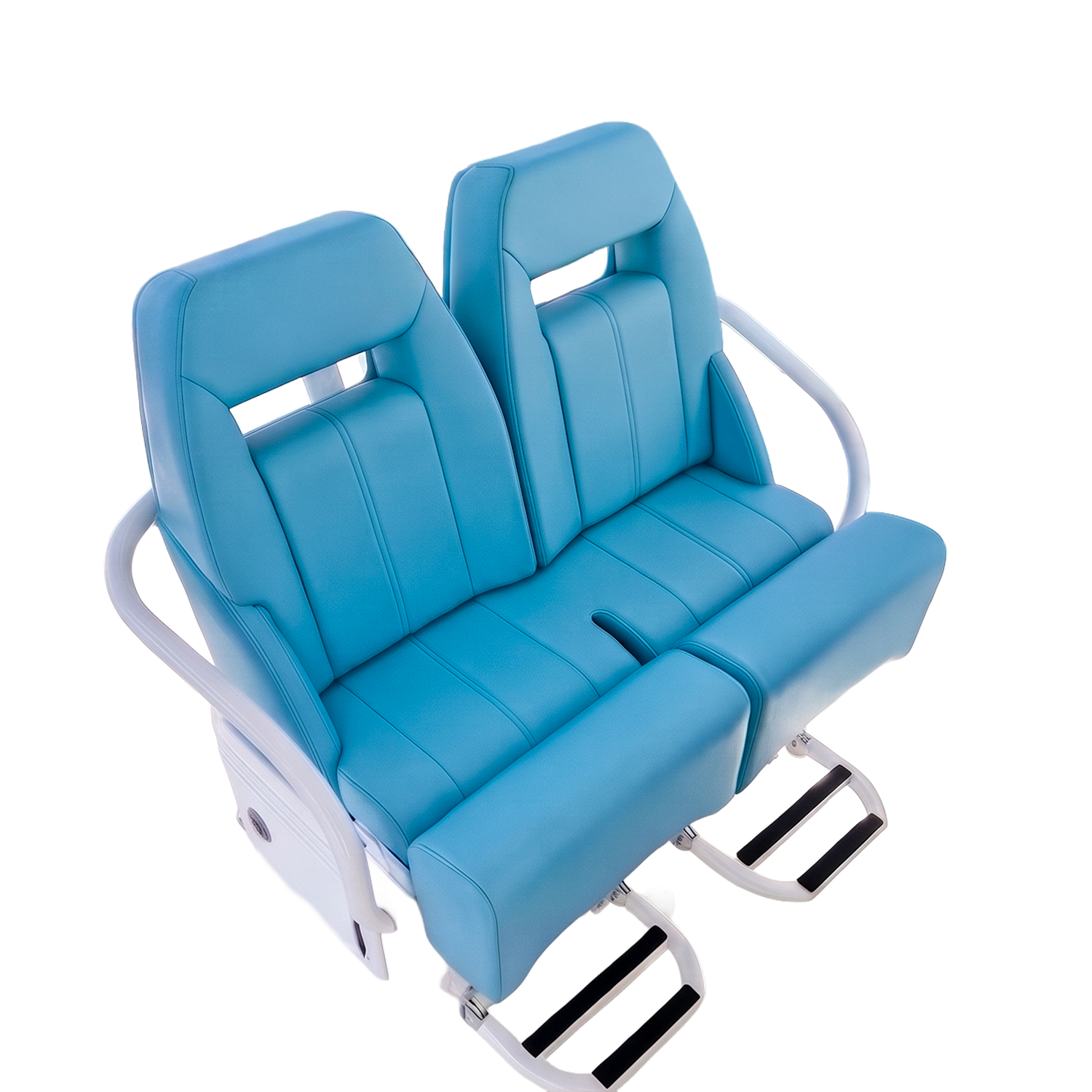 A vintage blue and white hospital or ambulance stretcher with a tapered metal frame, padded seating, and step footrests.