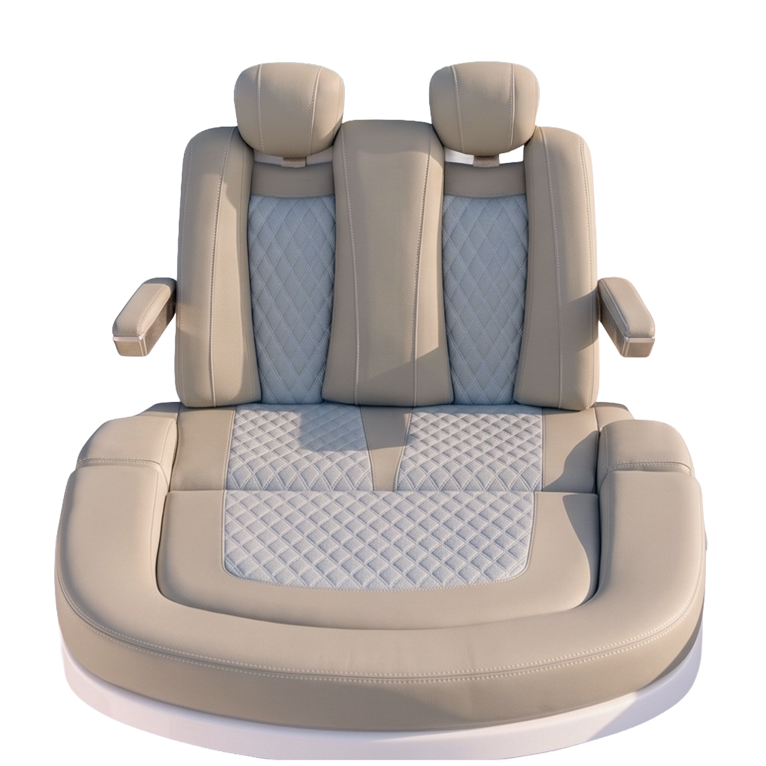 A beige leather car seat with quilted fabric inserts on the backrest and seat cushion, featuring adjustable headrests and armrests.