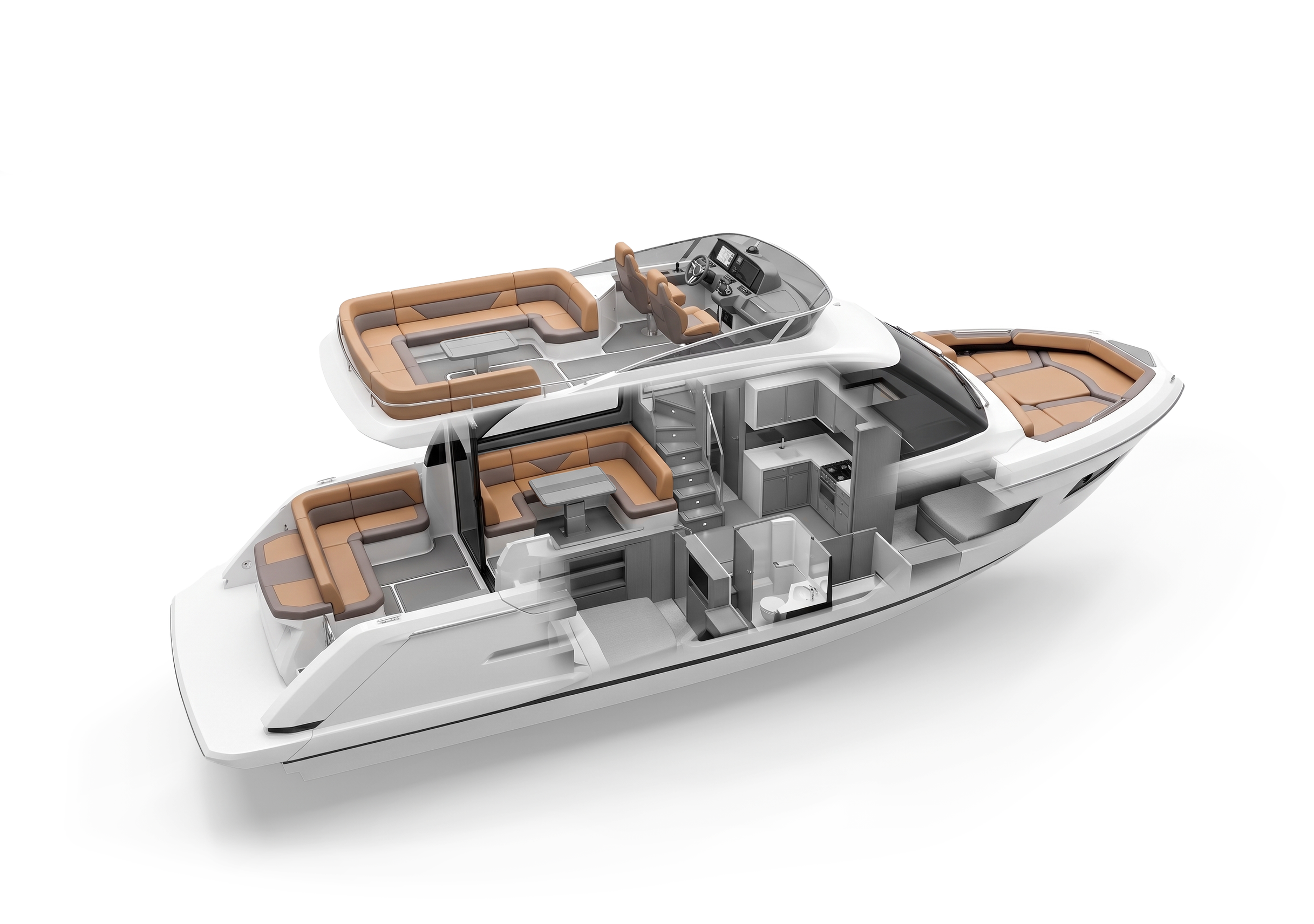 A detailed cutaway illustration of a modern yacht showing interior living spaces, seating areas, kitchen, and control deck.
