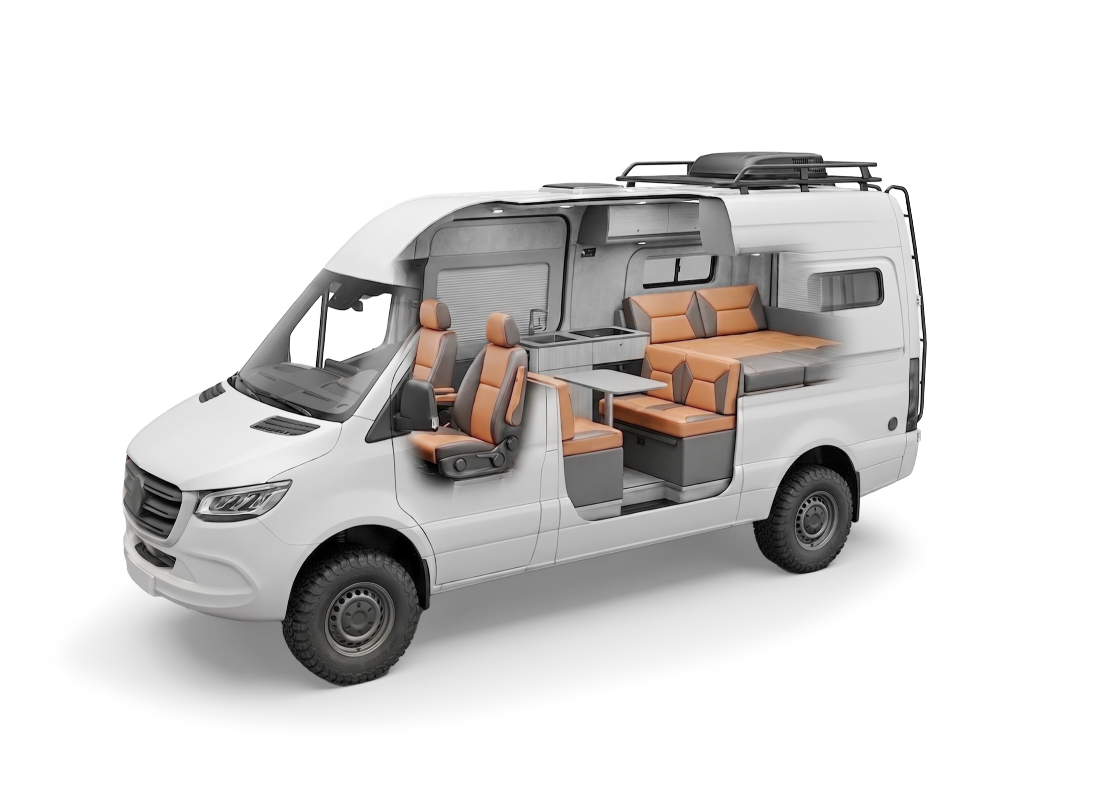 A white camper van with orange and gray interior seating, kitchen area, and upper roof storage, viewed from the front right side.
