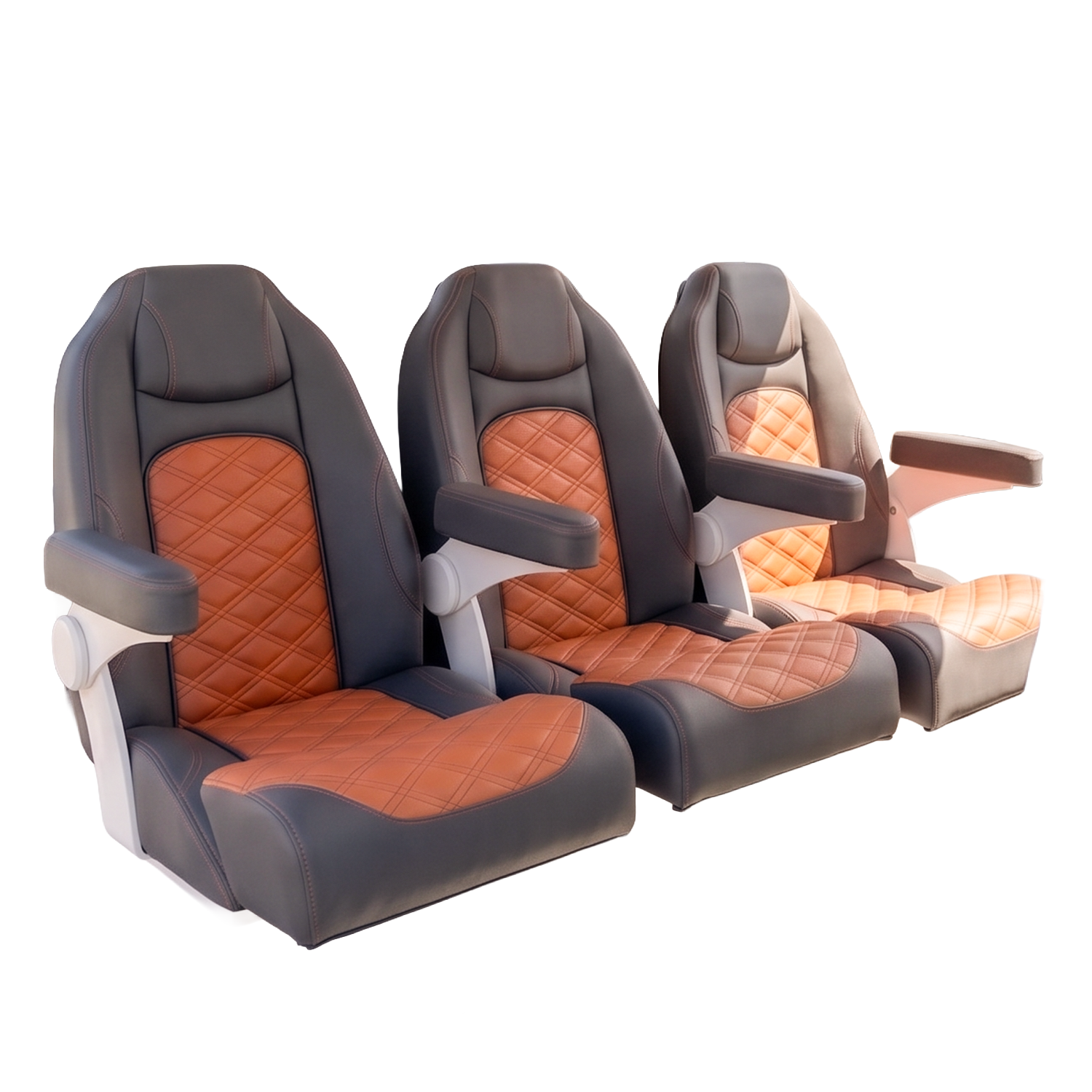 Three modern airplane seats with gray and orange upholstery and foldable tray tables, arranged in a row.
