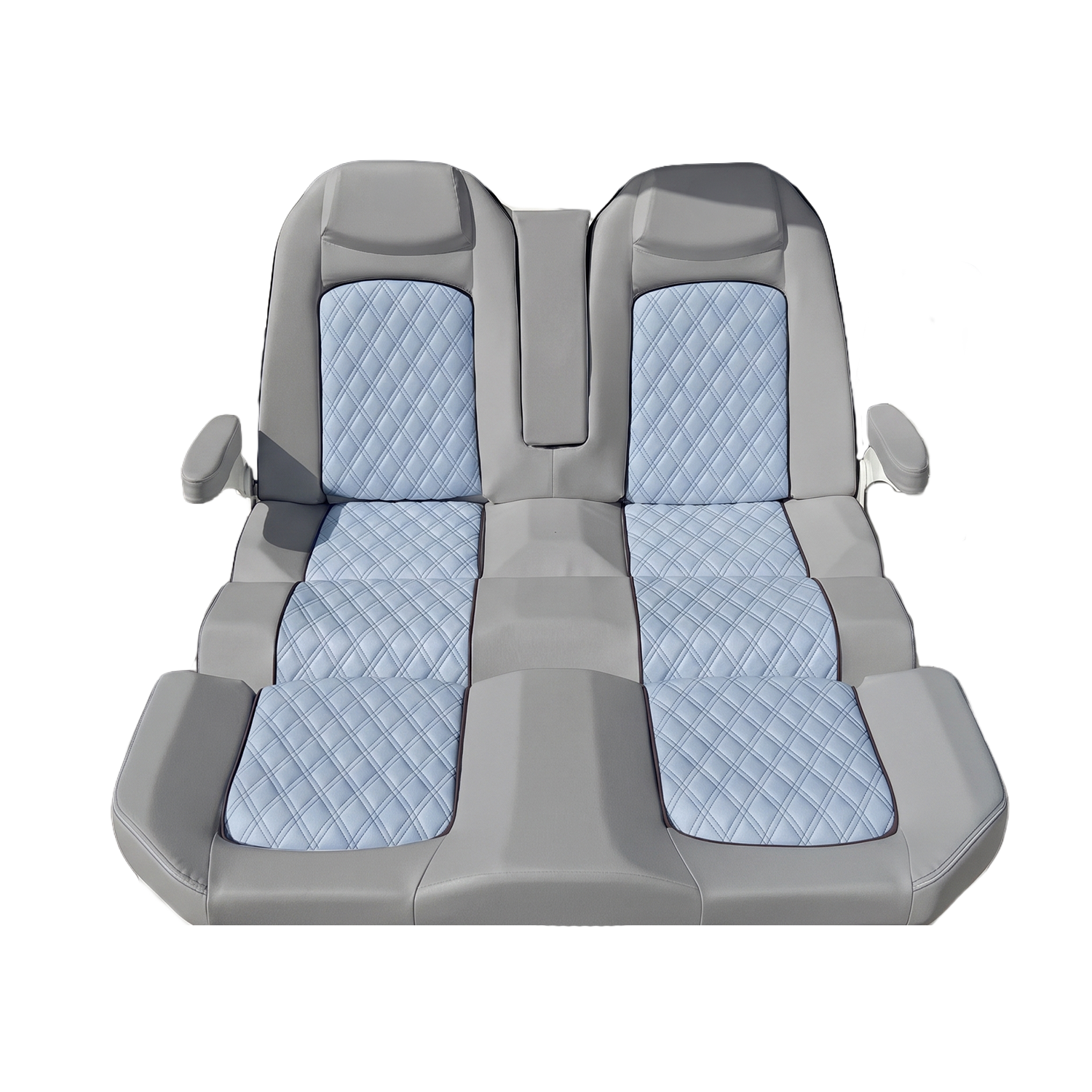 A futuristic reclining lounge chair designed with a light grey and blue patterned seating area, featuring built-in armrests and a high backrest.