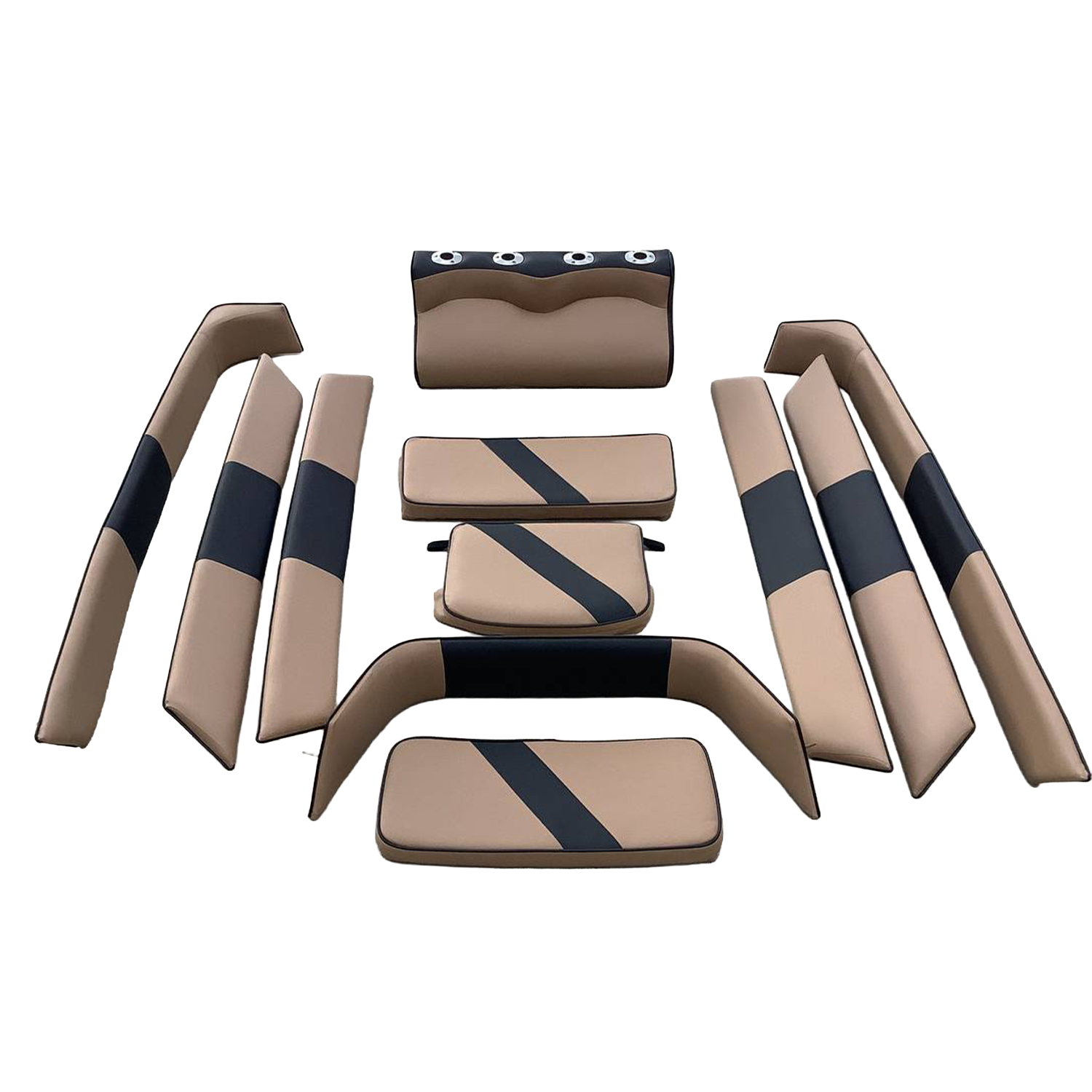 A set of modern cushioned furniture pieces in beige with black accents. The collection includes two armrests, two sofas, and two ottomans, arranged in a semi-circle.