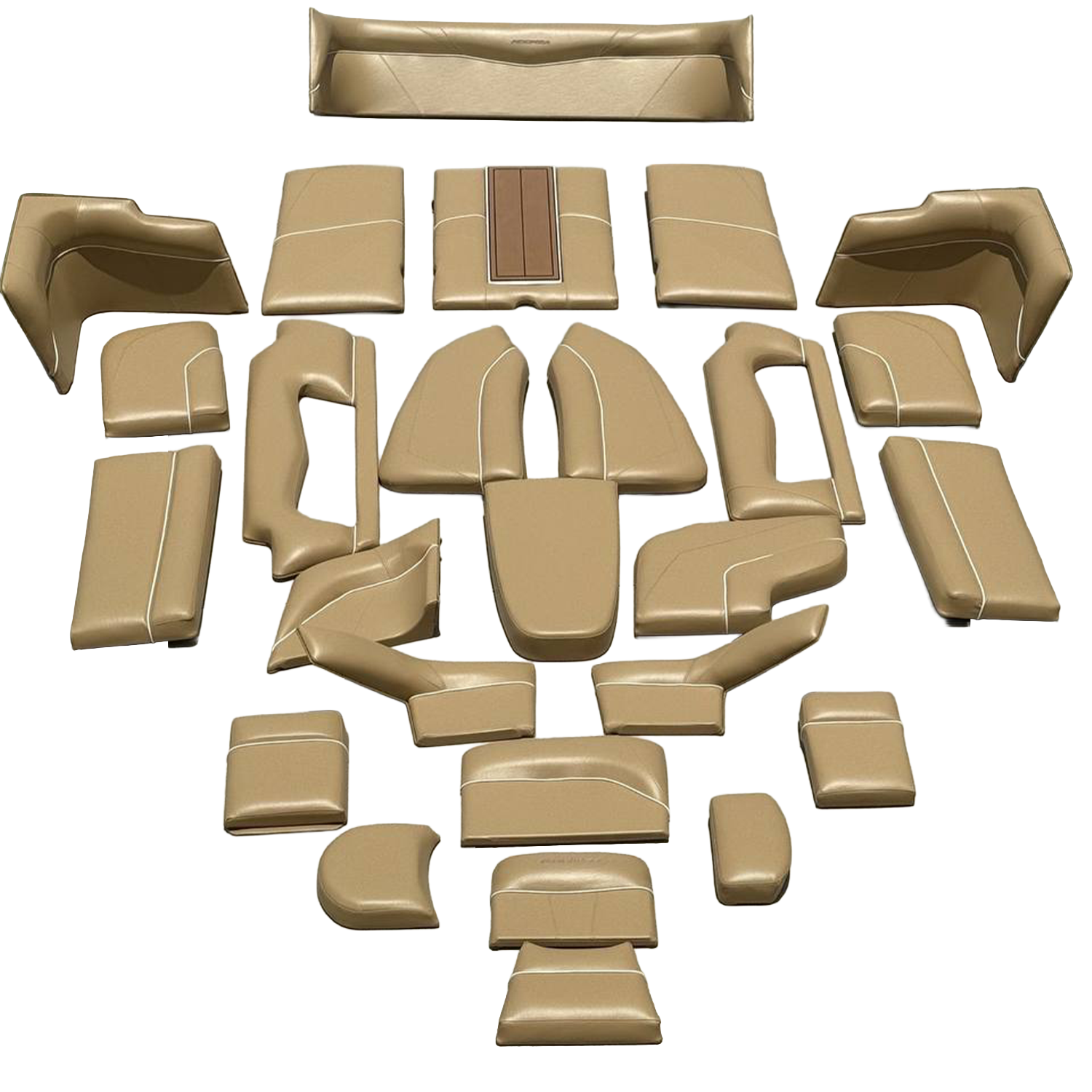 A collection of beige upholstered furniture pieces arranged in the shape of the words 'THAT'S LIFE,' including chairs, sofas, and ottomans.