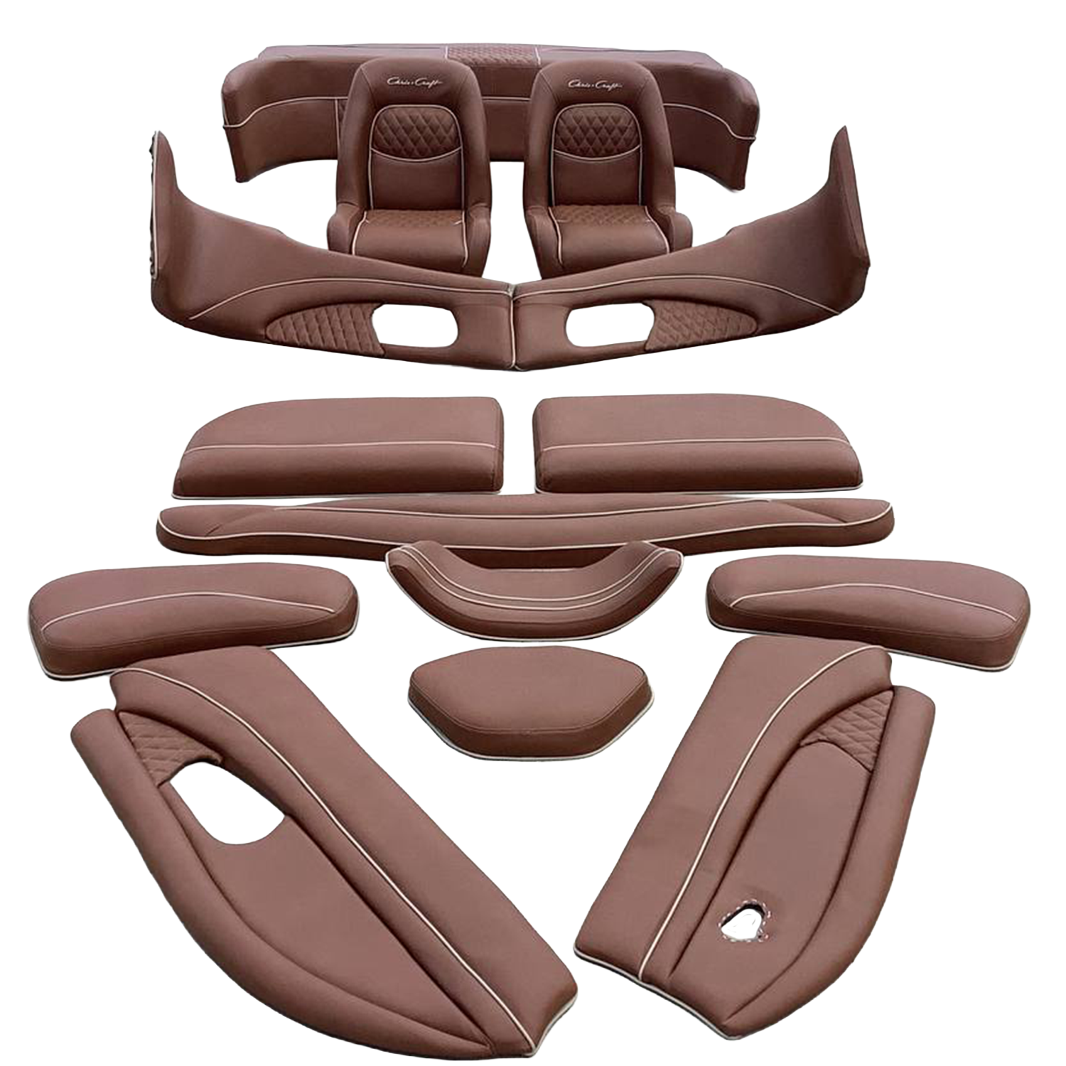 Set of brown leather car seats, including seats, cushions, and interior panels, arranged for assembly.