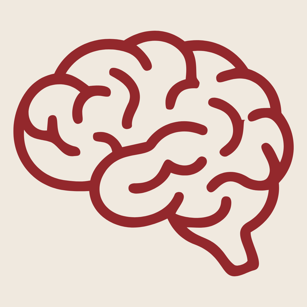 Simplified illustration of a human brain with a maroon outline on a light beige background.