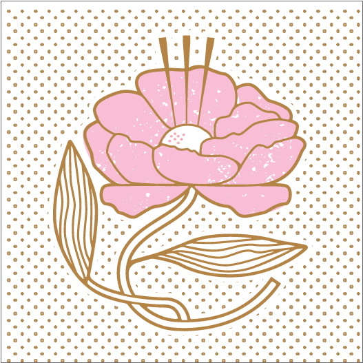 A stylized illustration of a pink flower with gold outline and two leaves, on a black background with small gold dots.