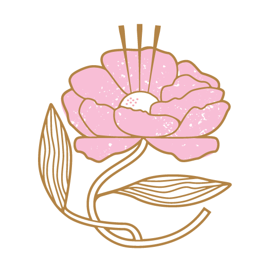 A stylized illustration of a pink flower with two sticks piercing through its top, accompanied by two elongated leaves.