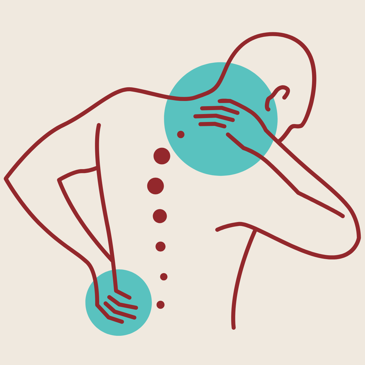 Minimalist illustration of a person experiencing symptoms, with hand on forehead, a hand on stomach, and a dotted line indicating movement or pain, with circles representing discomfort near the head and stomach.