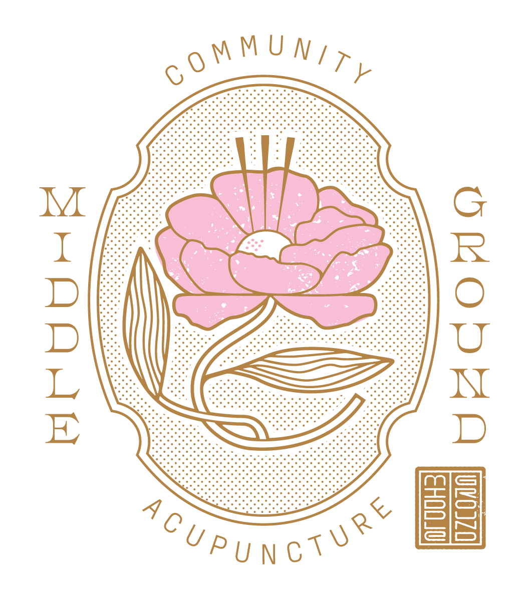 Logo with a pink flower and leaves, surrounded by text that reads 'Middle Community Acupuncture' with gold and white accents on black background.