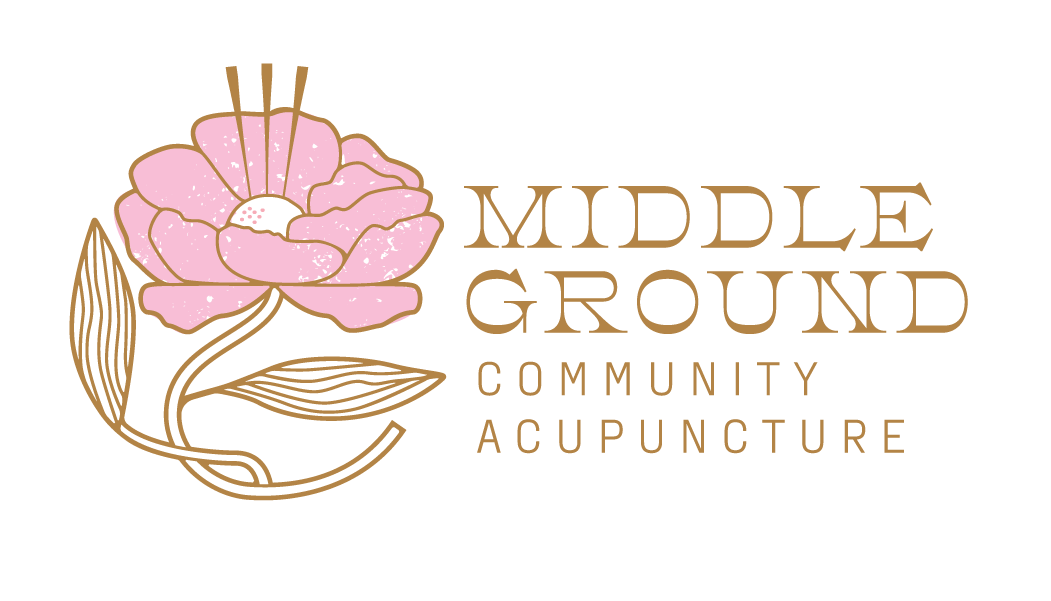 Logo for Middle Ground Community Acupuncture featuring a pink flower with gold outline and stylized leaves.