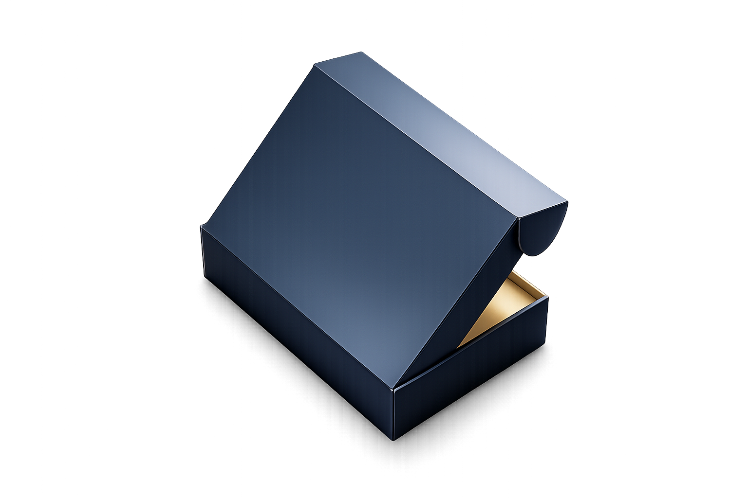 A dark blue square jewelry box with a gold interior, partially open, sitting on a reflective black surface.