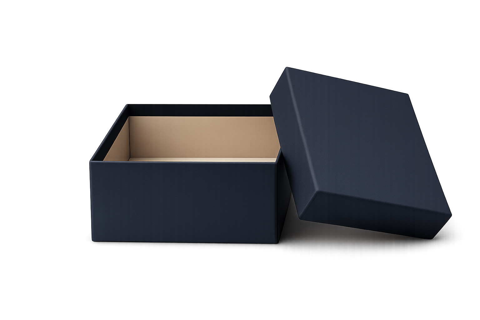 Open navy blue box with a removable lid, revealing a beige interior, on a dark reflective surface with a blurred colorful background.