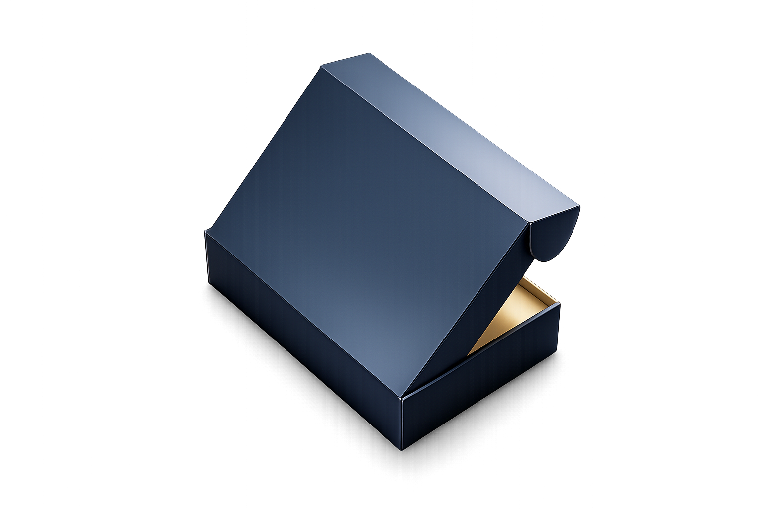 A black box with a lid slightly open, revealing a gold-colored interior, placed on a dark surface with colorful lighting effects.