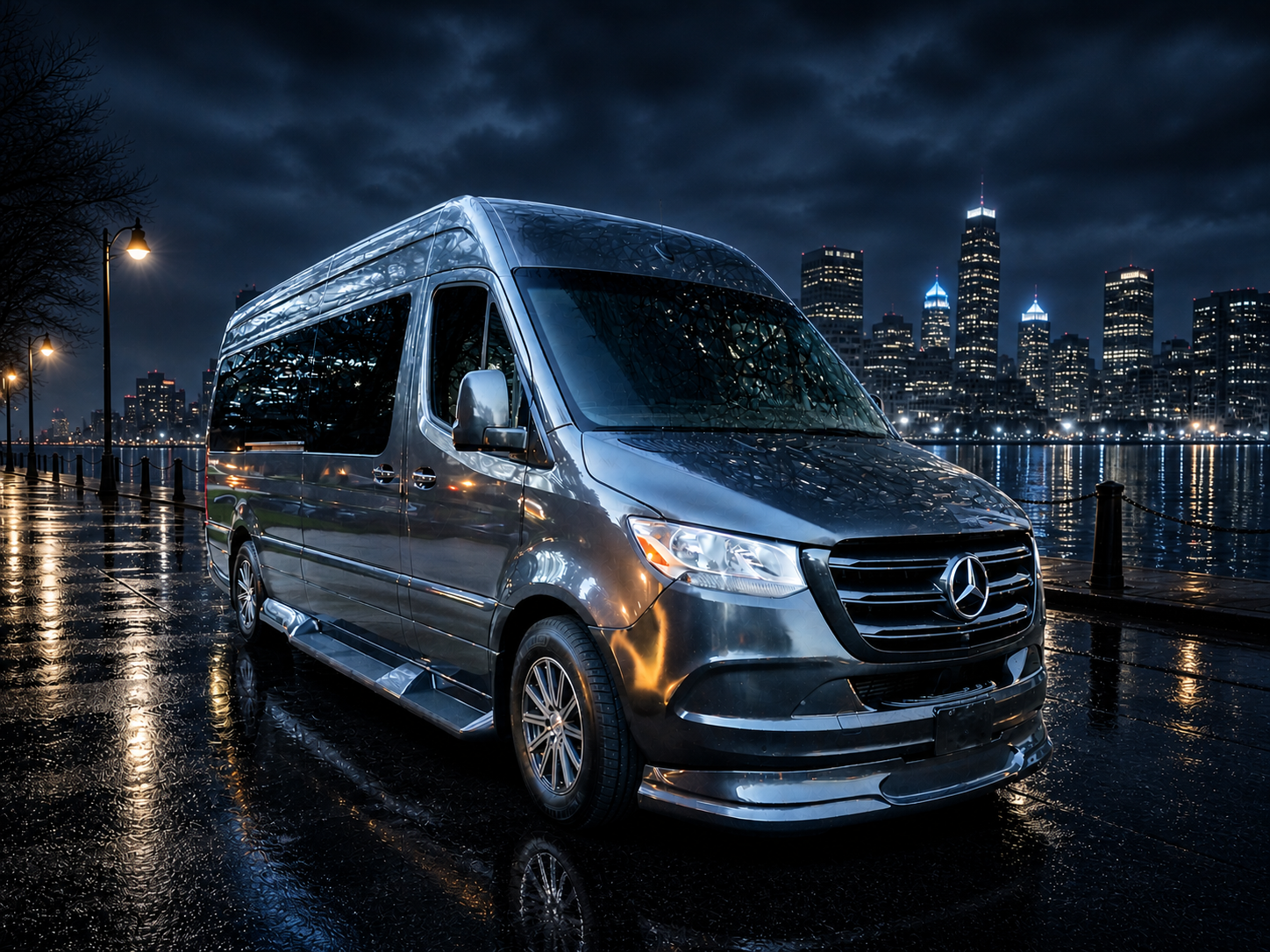 A Mercedes-Benz van parked on a wet pavement at night with a city skyline and water in the background.