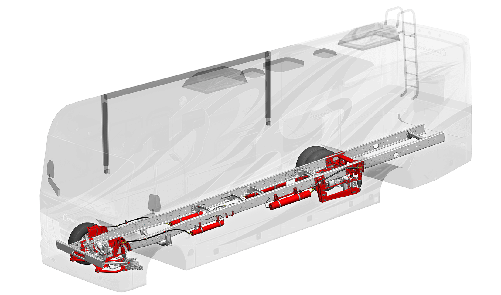 Diagram of a bus with visible internal mechanical components, including red hydraulic and mechanical parts, overlaid on a semi-transparent bus exterior.