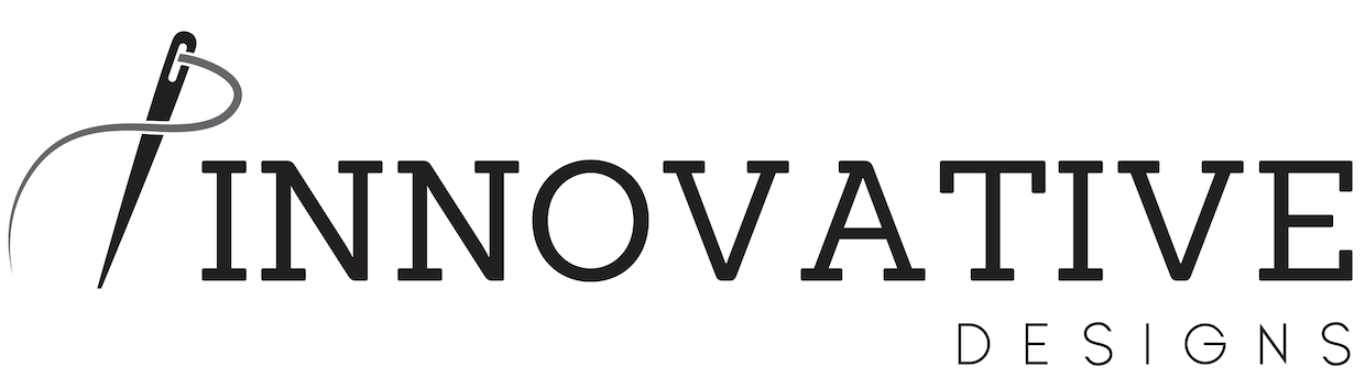 Logo for Innovative Designs featuring a stylized needle and thread forming a letter 'I'.
