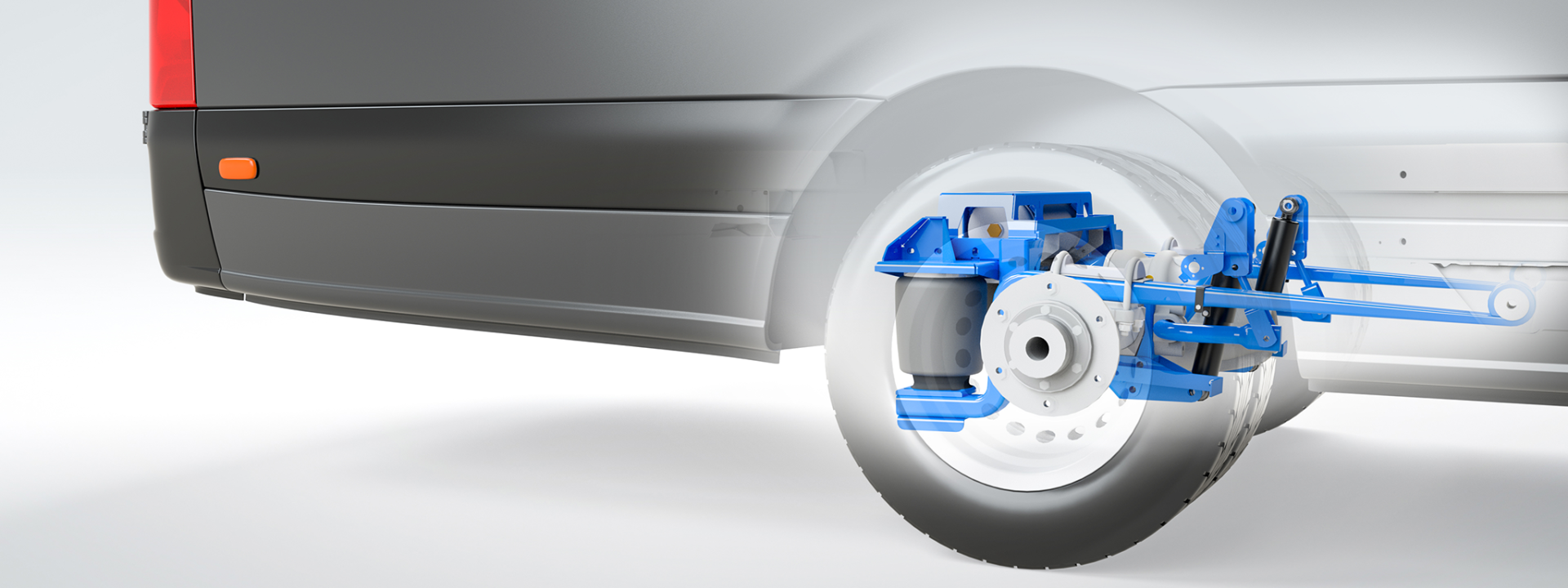 Digital rendering of a vehicle's wheel assembly with blue mechanical components, partially transparent to show internal parts.