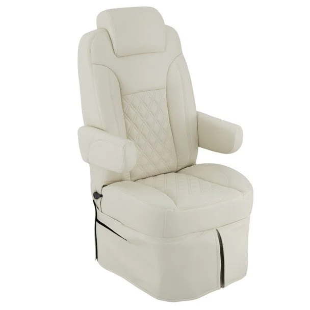 White leather airplane passenger seat with headrest and armrests.