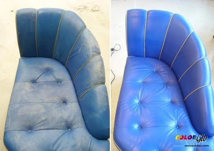 Comparison of a blue curved sofa before and after restoration, with the left side showing a dusty, worn sofa and the right side showing a clean, polished one.