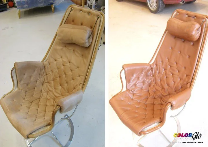 Comparison of a worn-out beige recliner chair on the left with a restored tan recliner chair on the right.