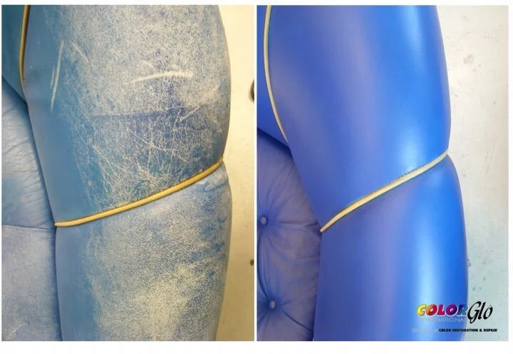 Side-by-side comparison of a worn-out, faded blue upholstered chair with a repaired and restored blue upholstery.