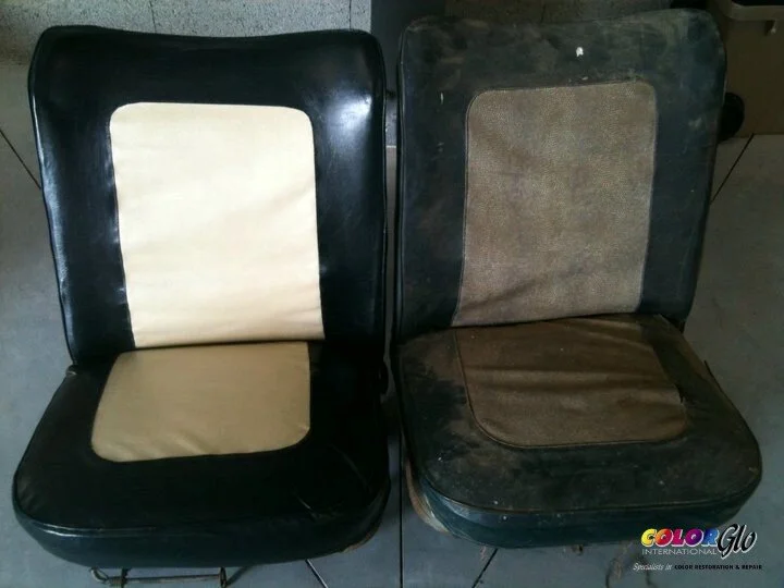 Pair of vintage black and beige dining chairs, one with cleaner upholstery and the other with worn, stained fabric.