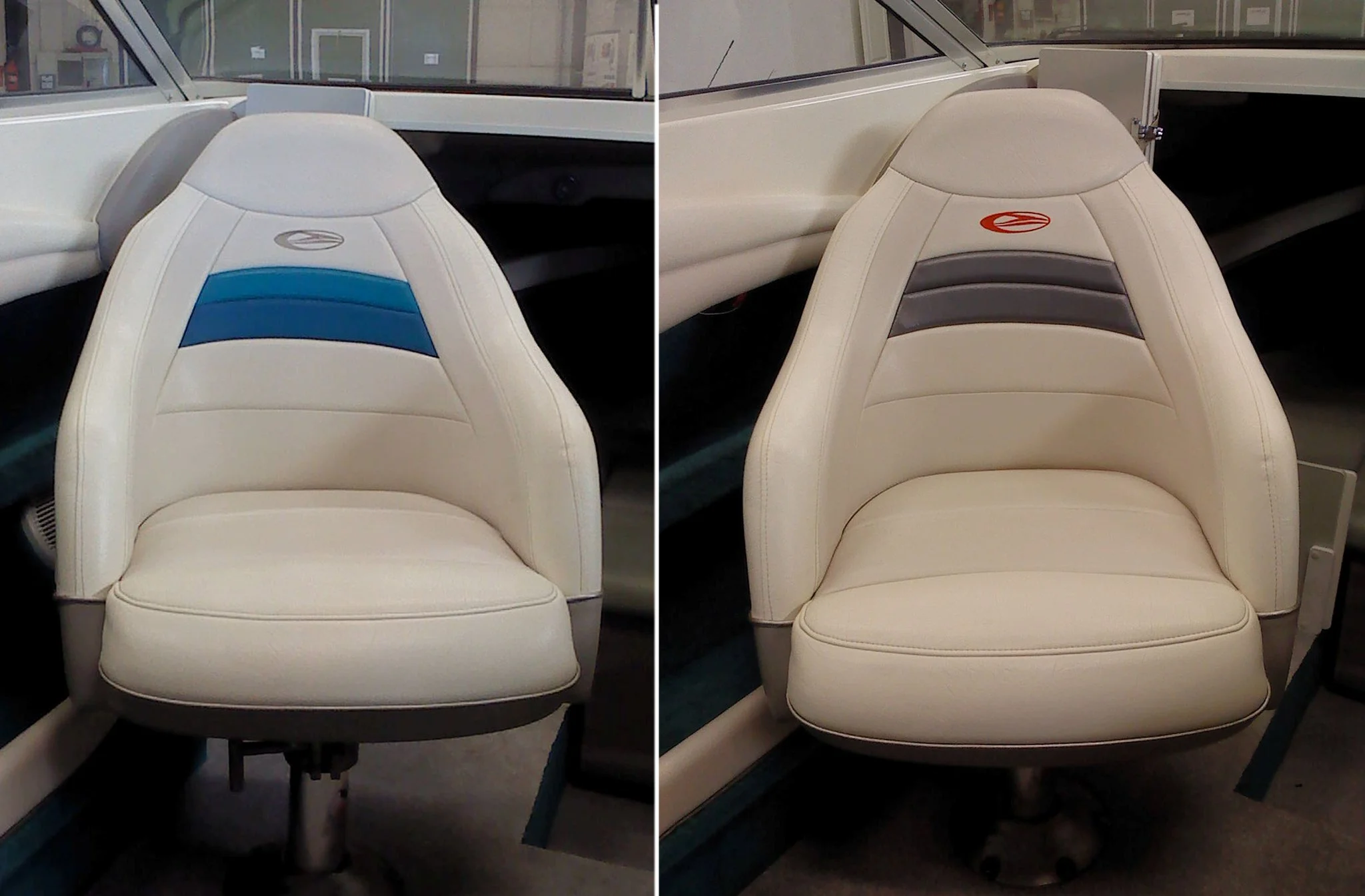 Comparison of two boat seats: left seat has blue stripes, right seat has dark gray stripes, both are cream-colored with headrest logos.