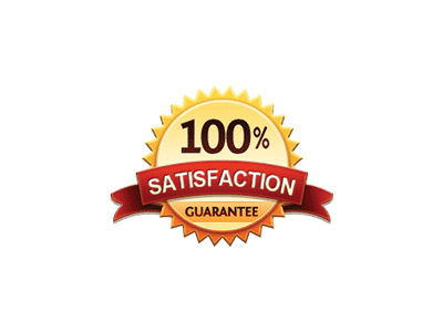 A gold and red badge with the text '100% Satisfaction Guarantee'.