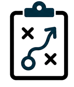A tablet displaying a sports strategy diagram with a large arrow, two black X marks, and a circle representing players or points.