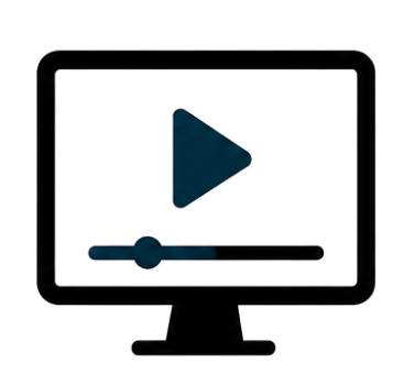 A computer monitor displaying a video player with a play button and a progress bar.