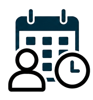 Icon of a calendar with three marked dates and two user profile icons, one with a clock overlay.