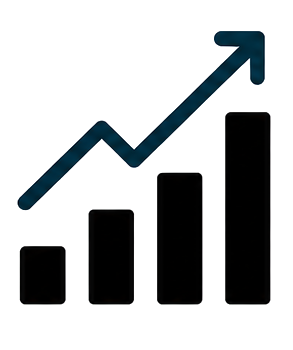 A black and white bar graph with an upward trending arrow indicating growth or increase.
