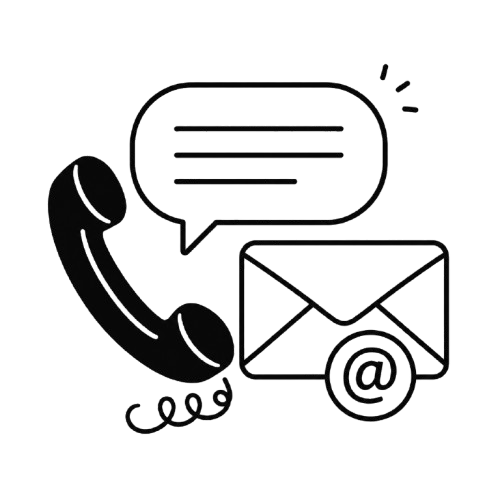 Icon of a telephone receiver with a speech bubble above it and an envelope below it, representing contact or communication.