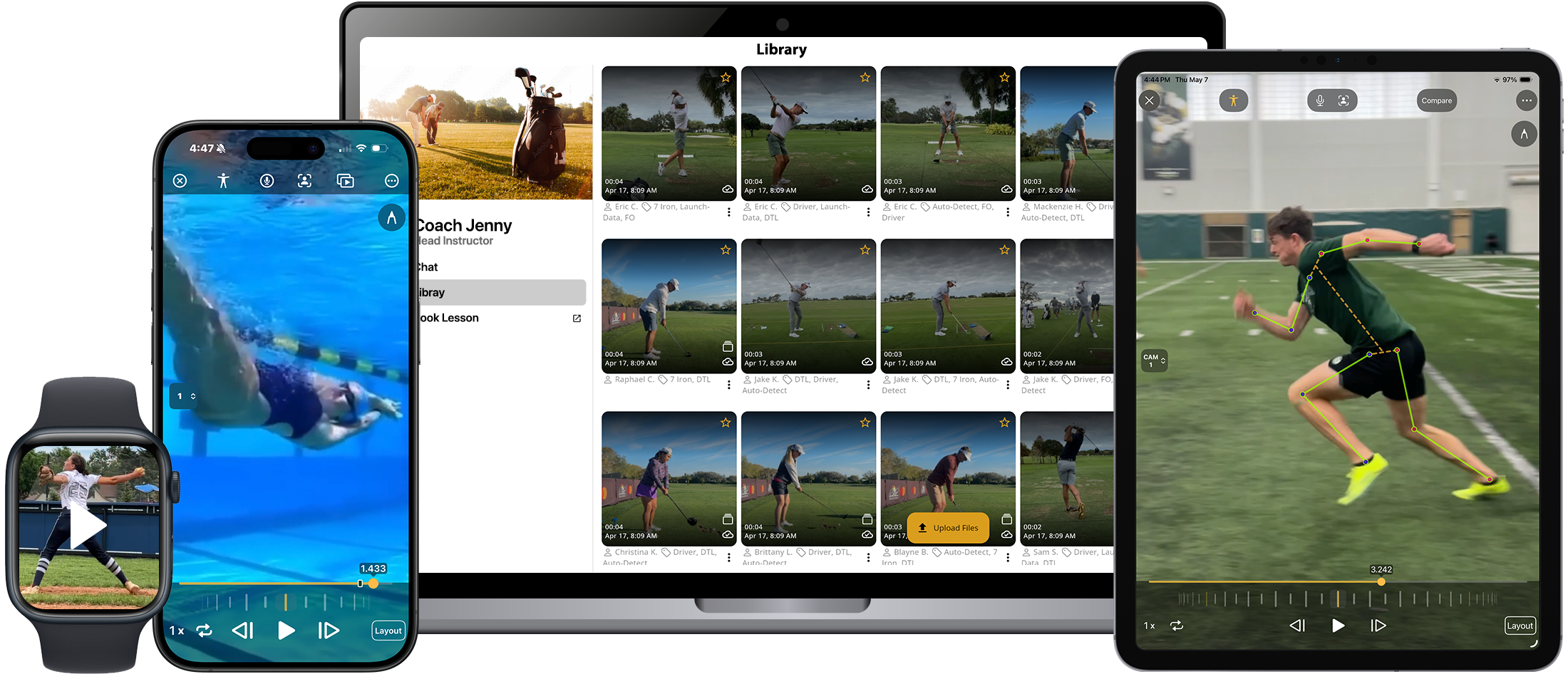 Multiple electronic devices displaying sports videos: a smartwatch showing a swimmer underwater, a smartphone showing a pitcher in a baseball game, a tablet with a file library of golf swing videos, and a larger tablet with a golfer running onto the field with motion tracking overlay.