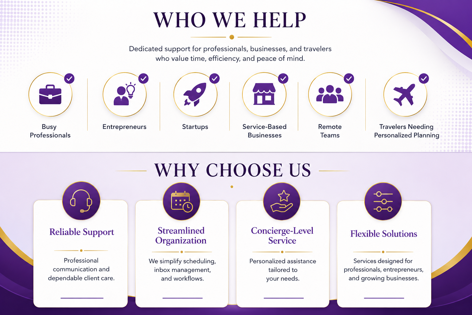 A colorful infographic divided into two sections. The top section labeled "Who We Help" features icons and text indicating they assist busy professionals, entrepreneurs, startups, service-based businesses, remote teams, and travelers needing personalized planning. The bottom section labeled "Why Choose Us" includes four points with icons and text explaining reliable support, streamlined organization, concierge-level service, and flexible solutions for professionals, entrepreneurs, and growing businesses.
