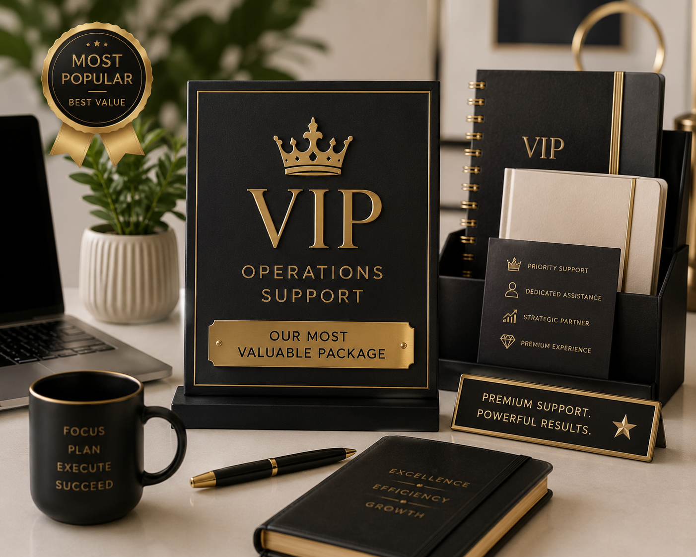 Office desk display of VIP operations support materials, including a black and gold VIP sign, notebooks, a cup with words, a pen, a plant, and various informational cards.