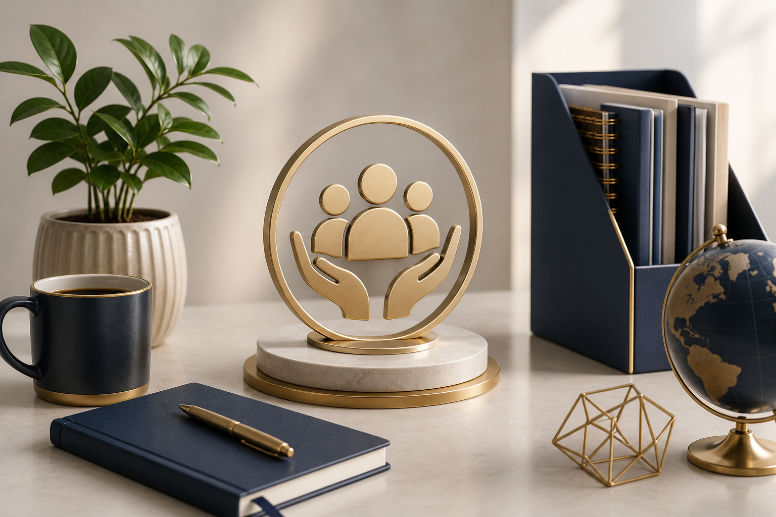 Decorative desk scene with a potted plant, a black coffee mug with gold trim, a navy blue notebook with a gold pen, a gold and white emblem of hands holding a group of people, a globe, and a file organizer with binders.