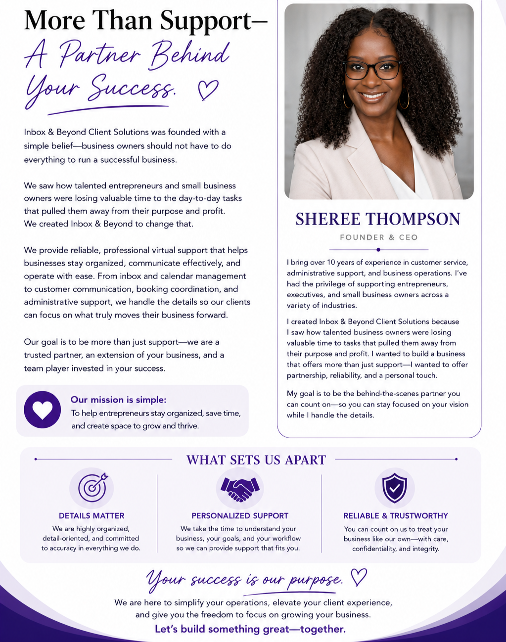 A promotional flyer with a photo of a woman wearing glasses and a beige blazer. The flyer highlights her role as founder and CEO, and promotes client support services for small business owners.
