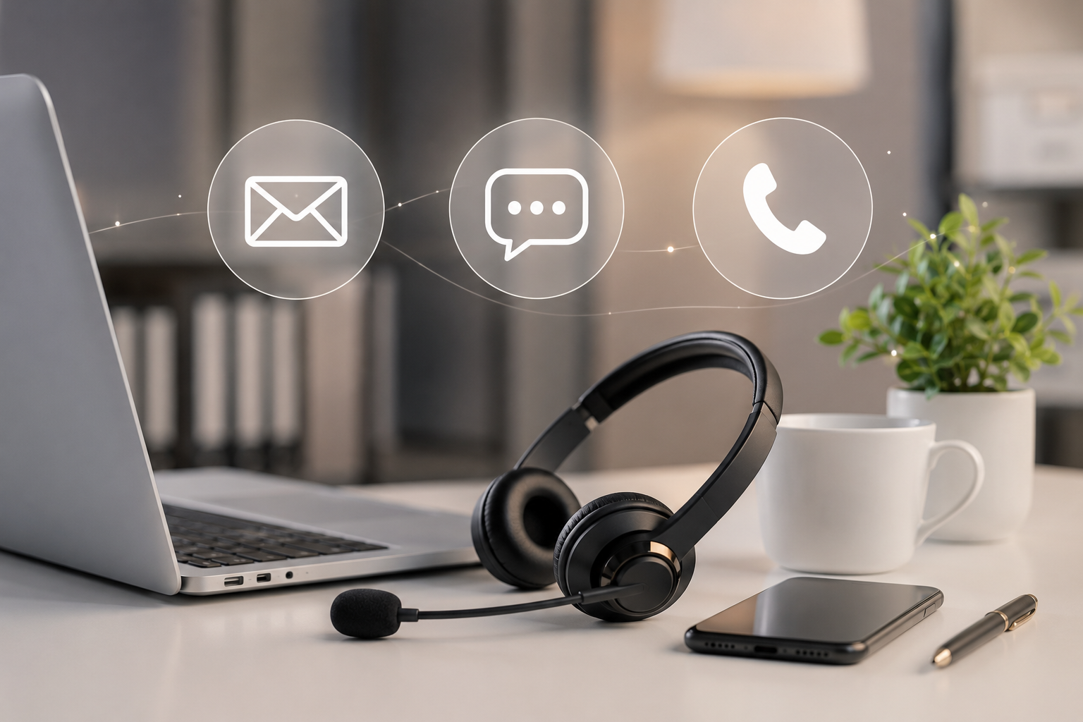 Work desk with a laptop, a headset, a smartphone, a pen, a white coffee mug, and a potted plant, with floating icons of email, chat, and phone.