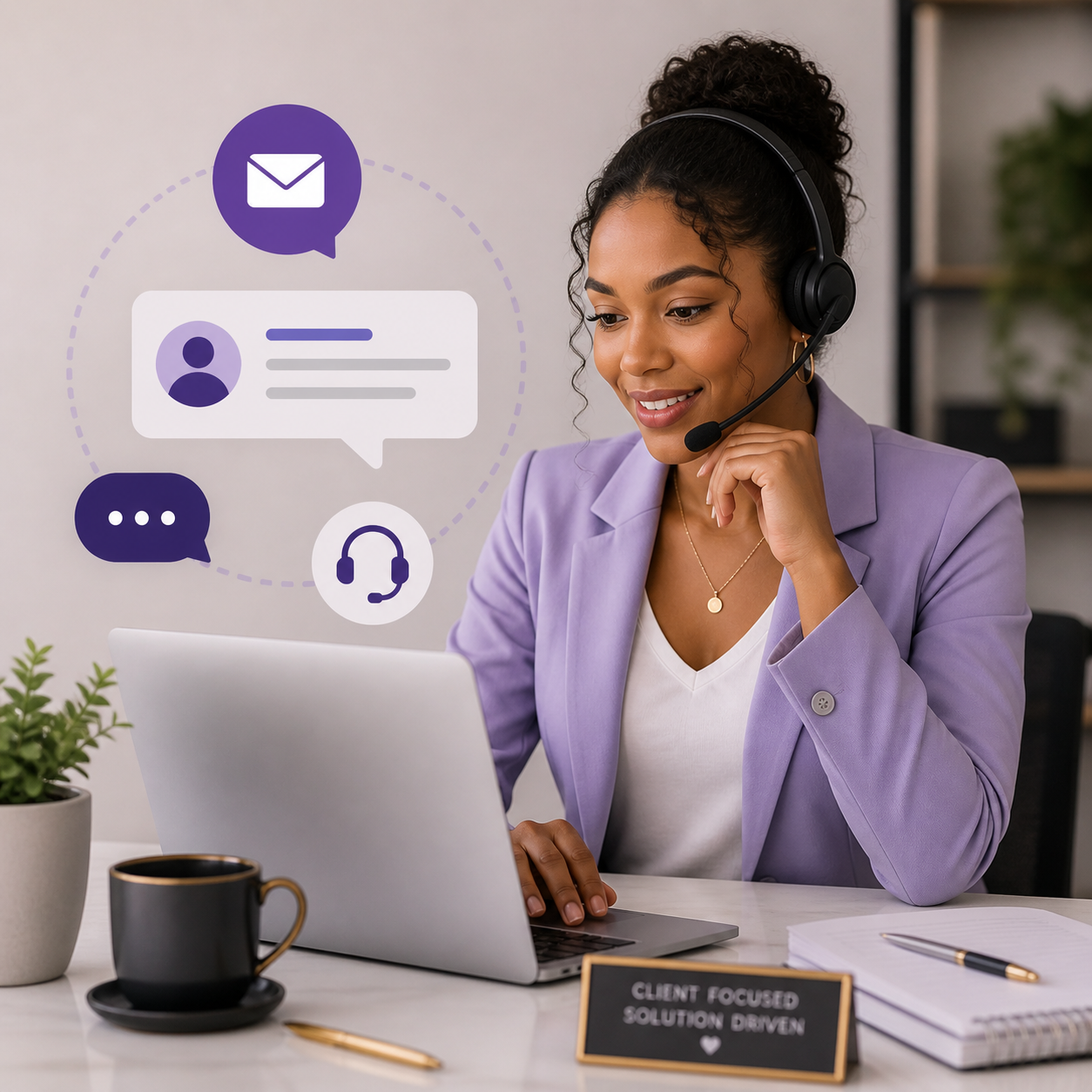A woman working at a desk wears a headset, smiling at her laptop, with chat icons overlayed indicating communication and support.