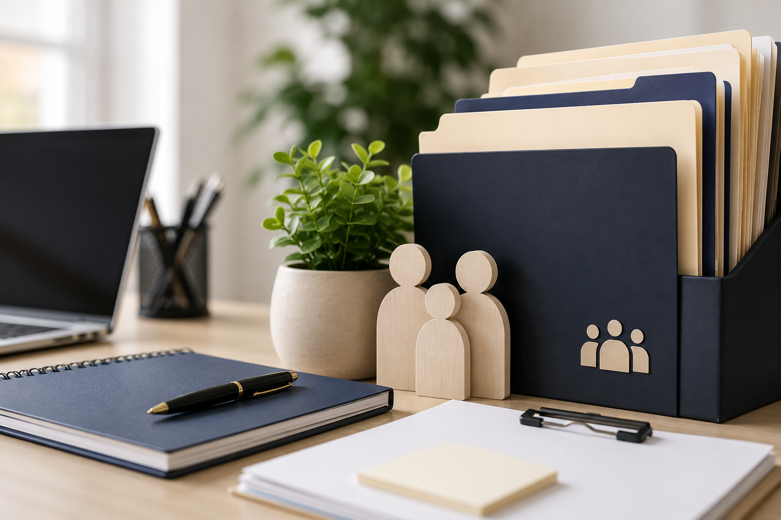 Office desk with a closed laptop, notebooks, a pen, a potted plant, and file folders, with wooden human figures and a file organizer with a group icon