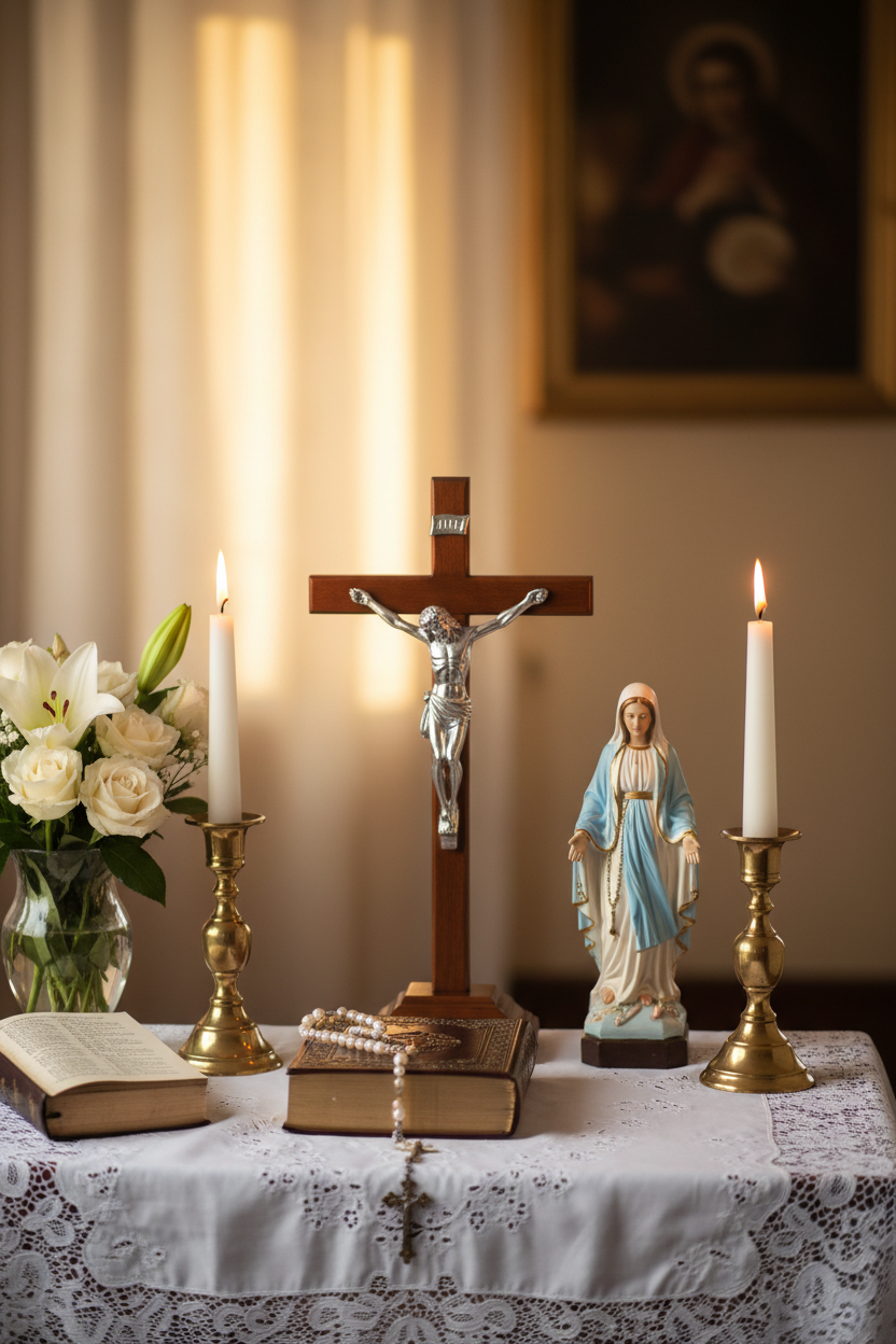 catholic home altar with crucifix and virgin Mary